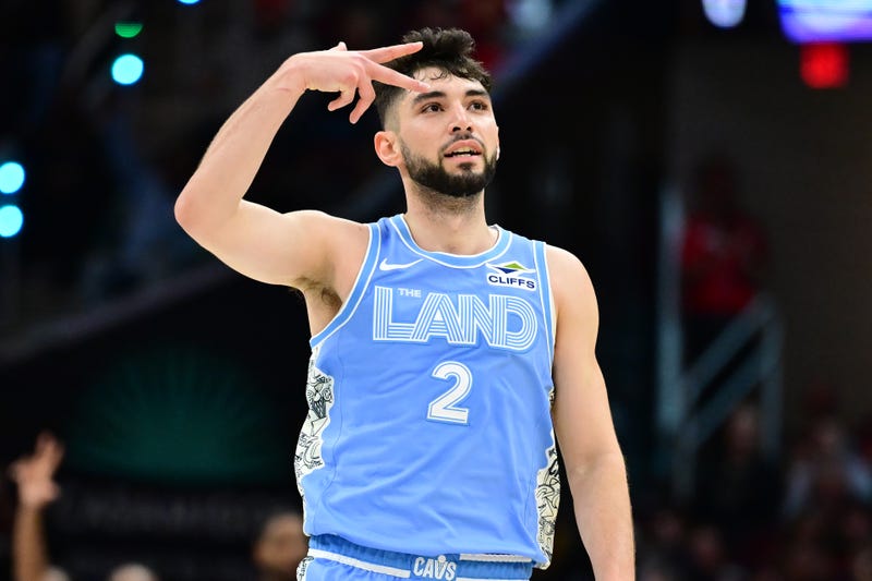  Cleveland Cavaliers guard Ty Jerome (2) celebrates after hitting a three point basket during the first half against the Charlotte Hornets at Rocket Mortgage FieldHouse