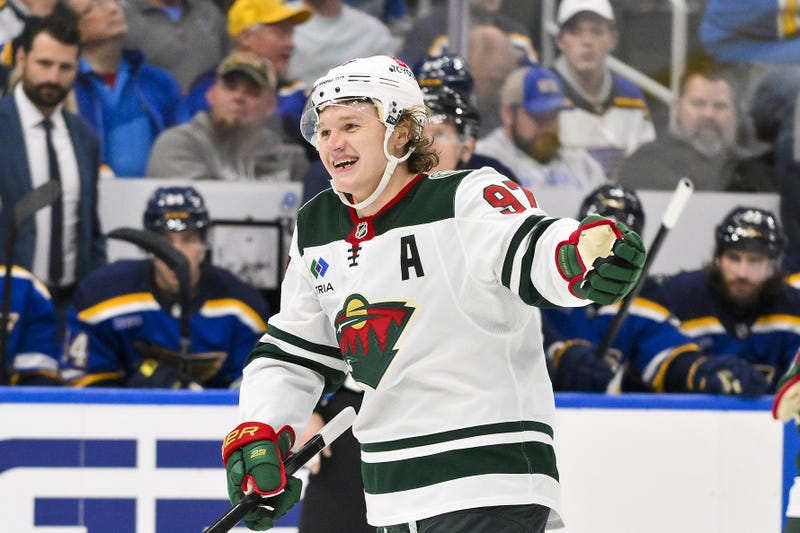 Minnesota Wild left wing Kirill Kaprizov (97) reacts after scoring against the St. Louis Blues during the third period at Enterprise Center Tuesday night.