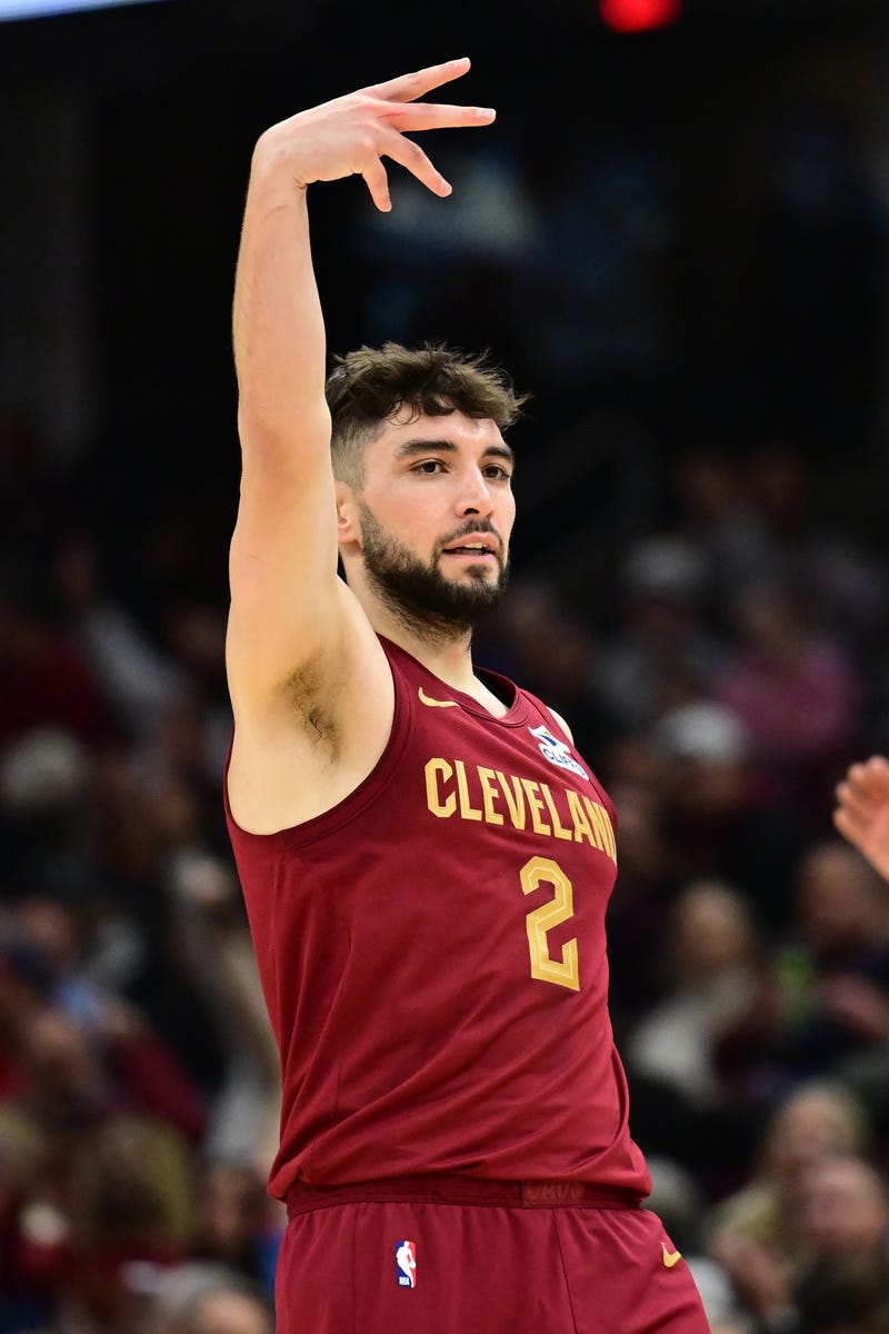 Cavaliers guard Ty Jerome (2) celebrates after hitting a three point basket during the first half against the New Orleans Pelicans at Rocket Mortgage FieldHous