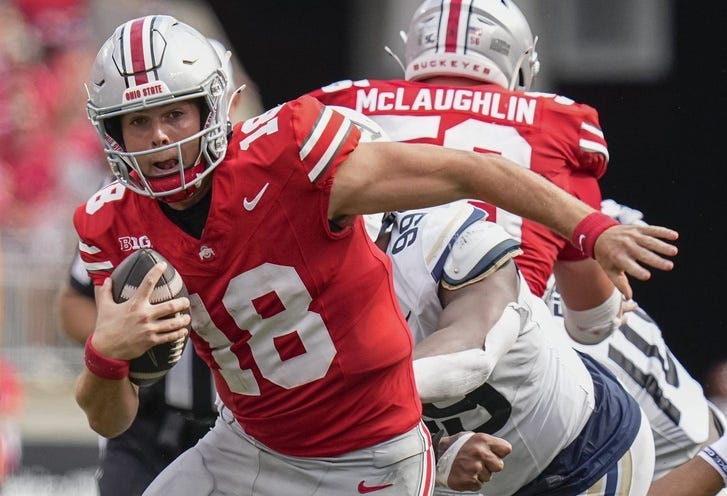 Aug 31, 2024; Columbus, OH, USA; Ohio State Buckeyes quarterback Will Howard (18) scrambles out of the pocket during the NCAA football game against the Akron Zips at Ohio Stadium. Ohio State won 52-6.