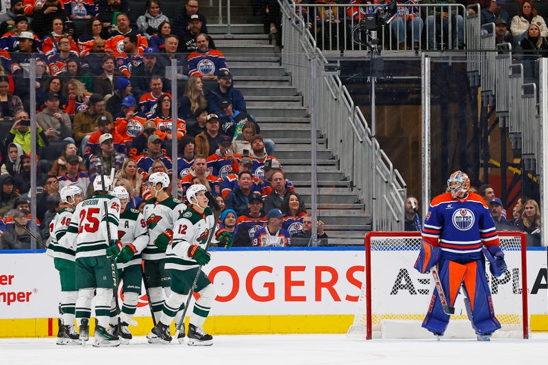 The Minnesota Wild celebrate a goal scored by forward Matt Boldy (12) during the first period against the Edmonton Oilers at Rogers Place.