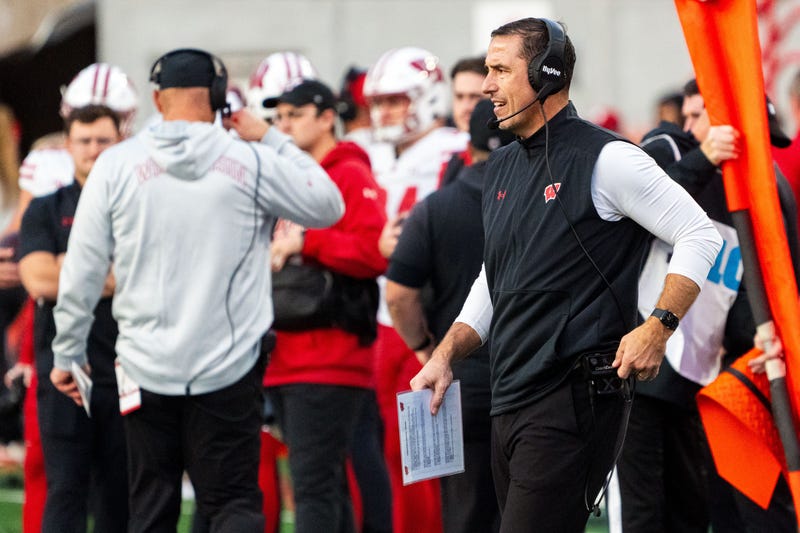 Nov 23, 2024; Lincoln, Nebraska, USA; Wisconsin Badgers head coach Luke Fickell coaches against the Nebraska Cornhuskers during the third quarter at Memorial Stadium. Mandatory Credit: Dylan Widger-Imagn Images