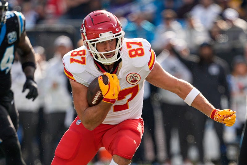 Nov 24, 2024; Charlotte, North Carolina, USA; Kansas City Chiefs tight end Travis Kelce (87) makes a cut during the first quarter against the Carolina Panthers at Bank of America Stadium.