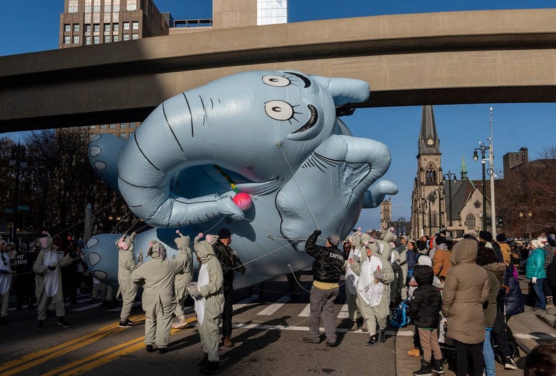 A “Horton Hears a Who!” balloon makes its way through Woodward Avenue during the 98th America’s Thanksgiving Parade presented by Gardner White in Detroit