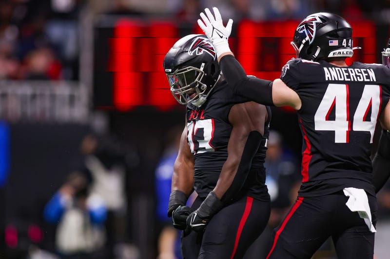 Atlanta Falcons defensive tackle Kentavius Street (93) reacts after a sack against the Los Angeles Chargers