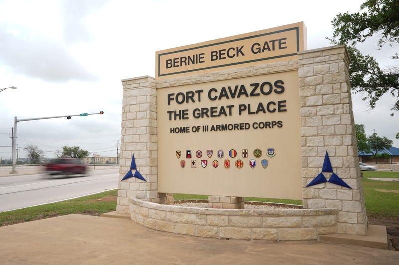 The sign at the main gate of Fort Cavazos in Killeen, Texas, on Tuesday, May 9, 2023.