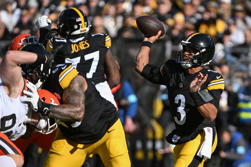 Dec 8, 2024; Pittsburgh, Pennsylvania, USA; Pittsburgh Steelers quarterback Russell Wilson (3) throws a pass against the Cleveland Browns during the first quarter at Acrisure Stadium.