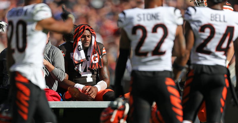 Cleveland Browns quarterback Deshaun Watson is carted off the field after suffering an injury during the first half of an NFL football game against the Cincinnati Bengals at Huntington Bank Field, Sunday, Oct. 20, 2024, in Cleveland, Ohio.