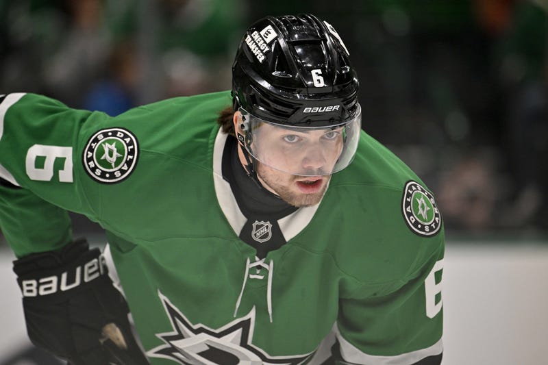 Dec 12, 2024; Dallas, Texas, USA; Dallas Stars defenseman Lian Bichsel (6) skates against the Nashville Predators during the first period at the American Airlines Center.