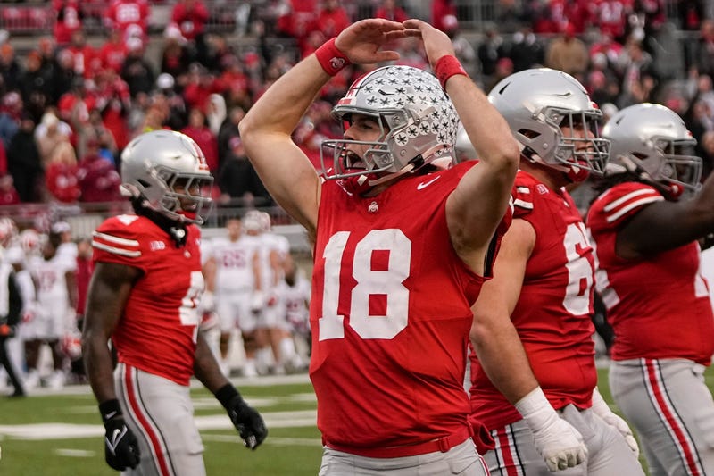 Ohio State Buckeyes quarterback Will Howard (18) celebrates during the second half of the NCAA football game against the Indiana Hoosiers