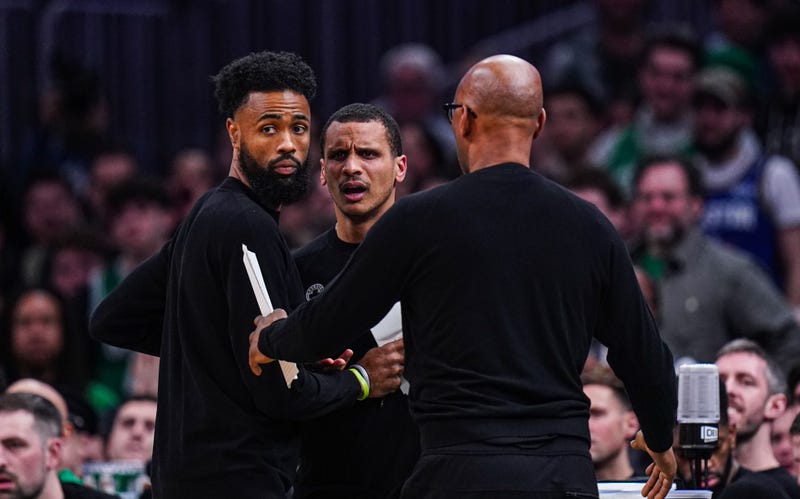 Boston Celtics head coach Joe Mazzulla held back as he reacts after called for a technical foul as they take on the Chicago Bulls in the second half at TD Garden.