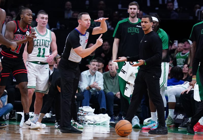 Boston Celtics head coach Joe Mazzulla reacts after called for a technical foul as they take on the Chicago Bulls in the second half at TD Garden