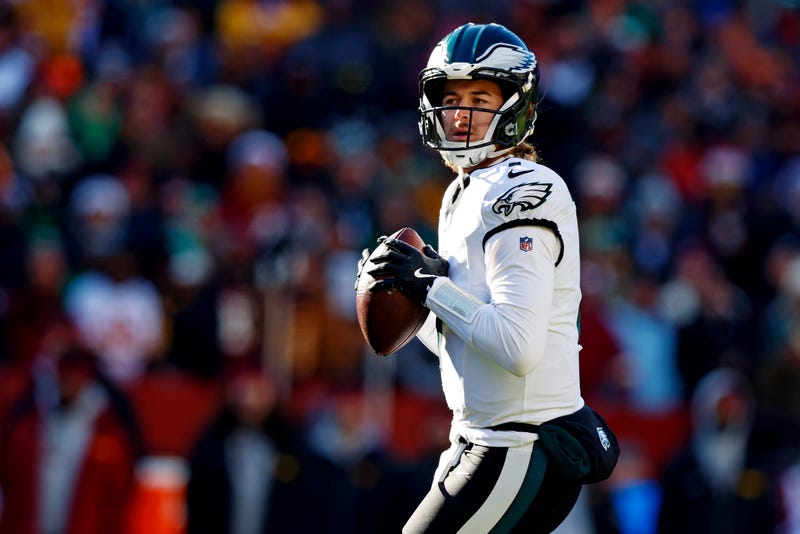 Philadelphia Eagles quarterback Kenny Pickett (7) throws a pass during the first quarter against the Washington Commanders at Northwest Stadium. 