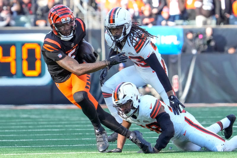 Cincinnati Bengals wide receiver Tee Higgins (5) catches a pass in the second quarter of the NFL Week 16 game between the Cincinnati Bengals and the Cleveland Browns at Paycor Stadium in downtown Cincinnati on Sunday, Dec. 22, 2024. The Bengals led 17-0 at halftime.