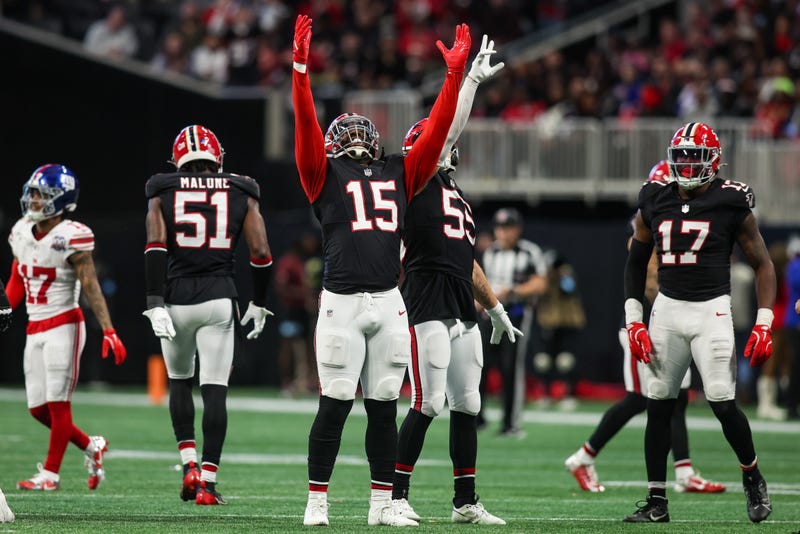 Dec 22, 2024; Atlanta, Georgia, USA; Atlanta Falcons linebacker Matthew Judon (15) celebrates after a sack against the New York Giants in the fourth quarter at Mercedes-Benz Stadium. Mandatory Credit: Brett Davis-Imagn Images