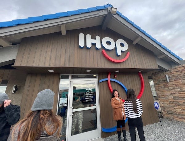 Customers outside an IHOP restaurant
