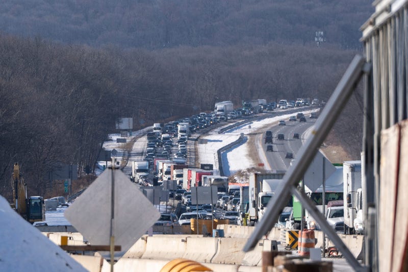 A sinkhole in Wharton causes traffic delays on I-80 on Dec. 26, 2024