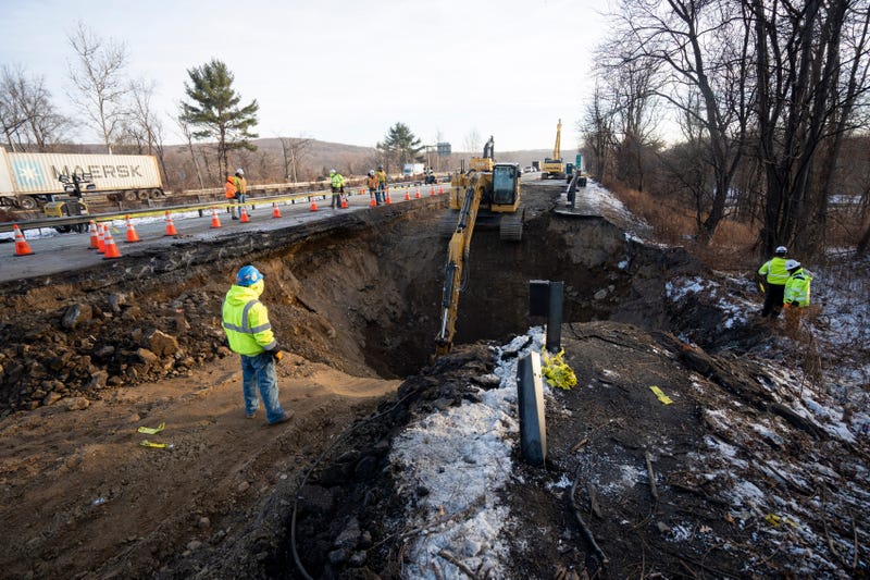 Construction workers continue repairs using heavy machinery on I-80 East in Wharton on Dec. 27, 2024