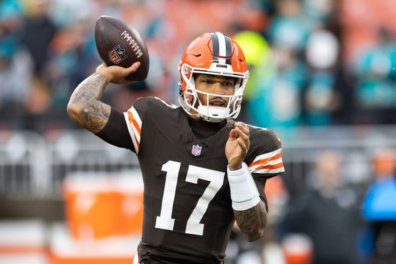 Dec 29, 2024; Cleveland, Ohio, USA; Cleveland Browns quarterback Dorian Thompson-Robinson (17) throws the ball during warm ups before the game against the Miami Dolphins at Huntington Bank Field.