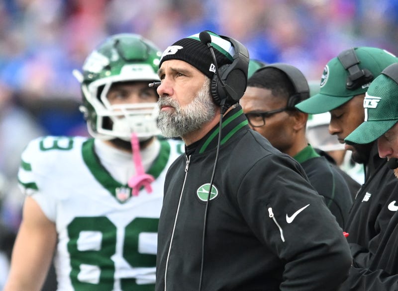 Dec 29, 2024; Orchard Park, New York, USA; New York Jets head coach Jeff Ulbrich on the sideline in the third quarter against the Buffalo Bills at Highmark Stadium. Mandatory Credit: Mark Konezny-Imagn Images