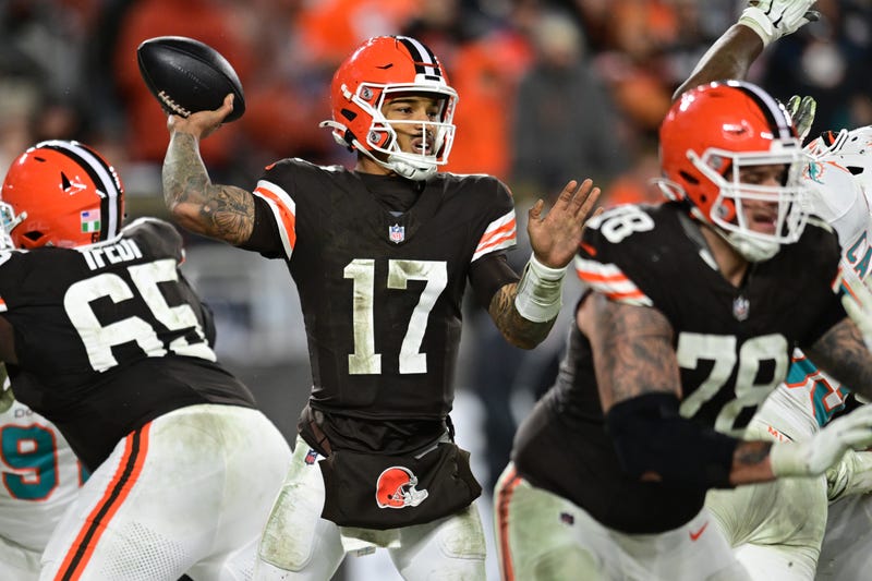 Dec 29, 2024; Cleveland, Ohio, USA; Cleveland Browns quarterback Dorian Thompson-Robinson (17) throws a pass during the second half against the Miami Dolphins at Huntington Bank Field.