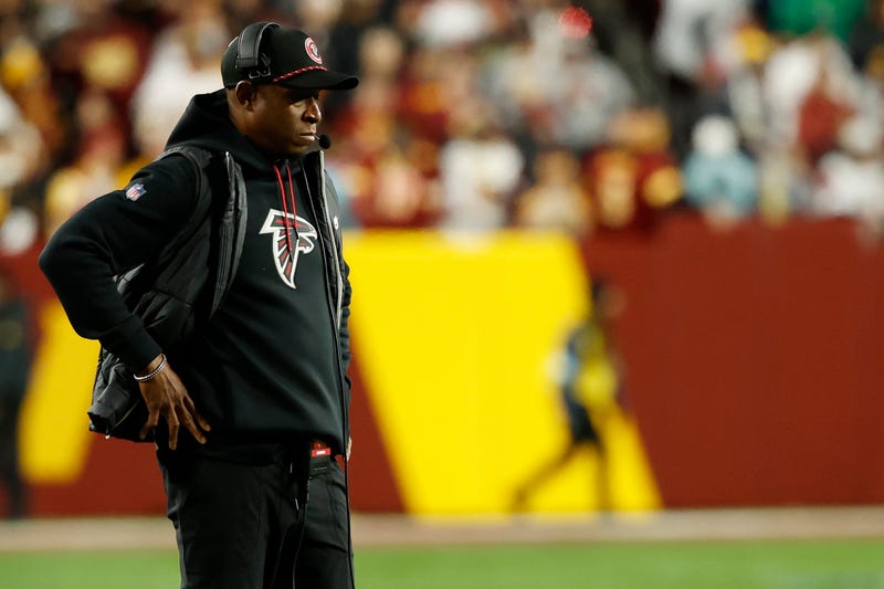 Dec 29, 2024; Landover, Maryland, USA; Atlanta Falcons head coach Raheem Morris looks on from the sidelines against the Washington Commanders during the third quarter at Northwest Stadium. Mandatory Credit: Geoff Burke-Imagn Images