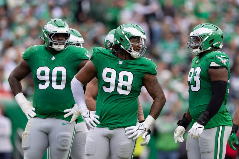 Philadelphia Eagles defensive tackle Jalen Carter (98) and defensive tackle Jordan Davis (90) and defensive tackle Milton Williams (93) during the second quarter against the Dallas Cowboys at Lincoln Financial Field.