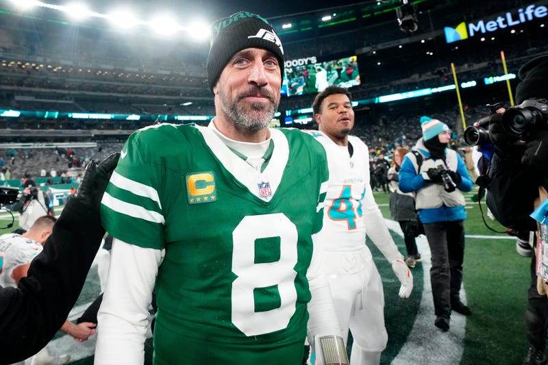 New York Jets quarterback Aaron Rodgers (8) is shown after he led Gang Green to a 32-20 victory 
