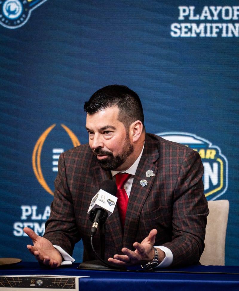 Ohio State Buckeyes Head Coach Ryan Day speaks during the Coaches' Press Conference at AT&T Stadium, Jan. 9, 2024. Both coaches answered questions from the media during the conference, and will face each other in the Cotton Bowl College Football Playoff semi-final game on Friday.
