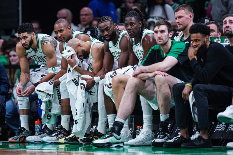 The Boston Celtics bench in the final seconds of the game against the Sacramento Kings at TD Garden.