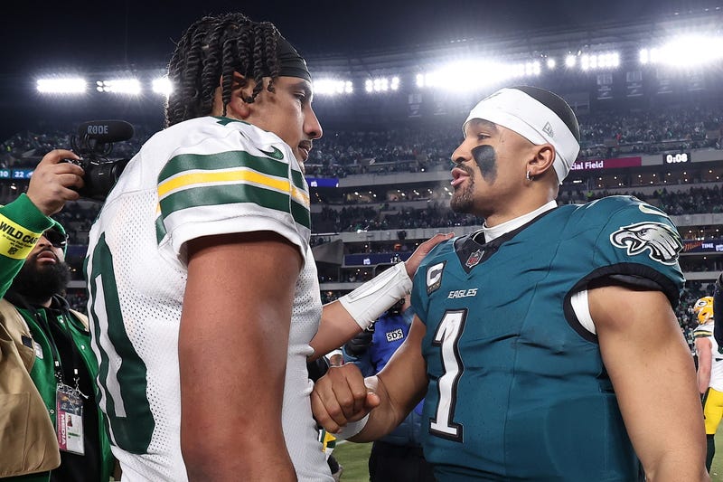 Jan 12, 2025; Philadelphia, Pennsylvania, USA; Green Bay Packers quarterback Jordan Love (10) and Philadelphia Eagles quarterback Jalen Hurts (1) shake hands after the game in an NFC wild card game at Lincoln Financial Field. Mandatory Credit: Bill Streicher-Imagn Images