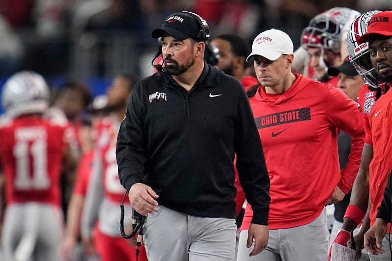 Ohio State Buckeyes head coach Ryan Day watches during the first half of the Cotton Bowl Classic College Football Playoff semifinal game against the Texas Longhorns at AT&T Stadium in Arlington, Texas on Jan. 10, 2025.