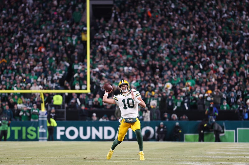 Jan 12, 2025; Philadelphia, Pennsylvania, USA; Green Bay Packers quarterback Jordan Love (10) passes the ball against the Philadelphia Eagles in an NFC wild card game at Lincoln Financial Field. Mandatory Credit: Bill Streicher-Imagn Images