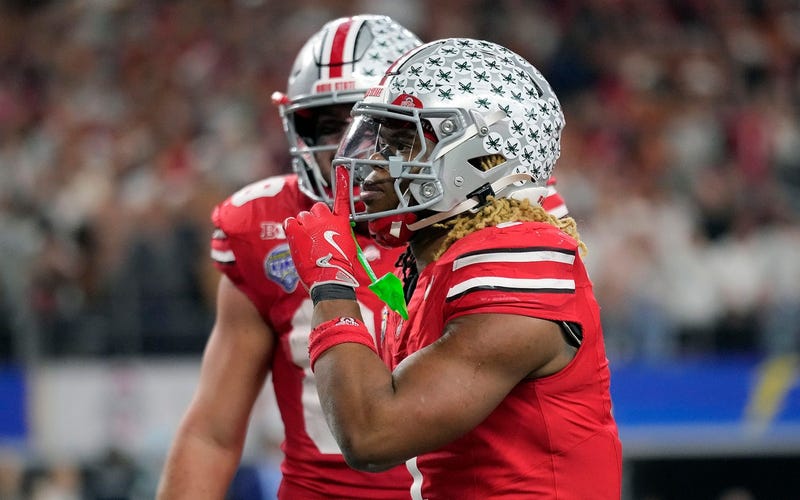 Ohio State Buckeyes running back Quinshon Judkins (1) celebrates his touchdown run against Texas Longhorns