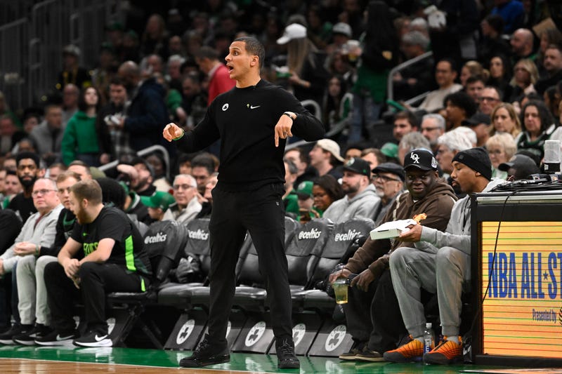 Boston Celtics head coach Joe Mazzulla directs the team from the sideline during the second half against the Orlando Magic at TD Garden.