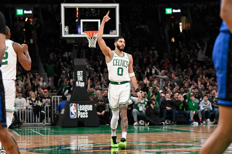 Boston Celtics forward Jayson Tatum (0) reacts to his basket against the Orlando Magic during the second half at TD Garden.