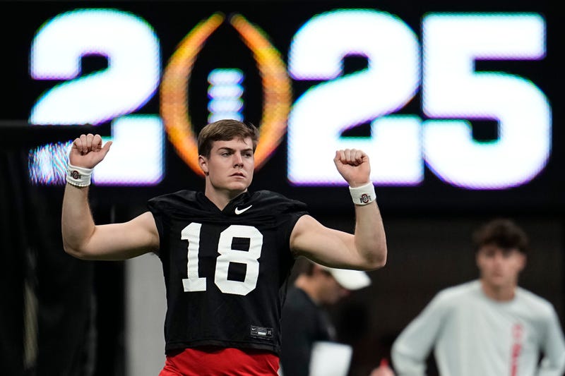 Ohio State Buckeyes quarterback Will Howard (18) practices for the College Football Playoff against the Notre Dame Fighting Irish at the Mercedes-Benz Stadium in Atlanta on Jan. 18, 2025.