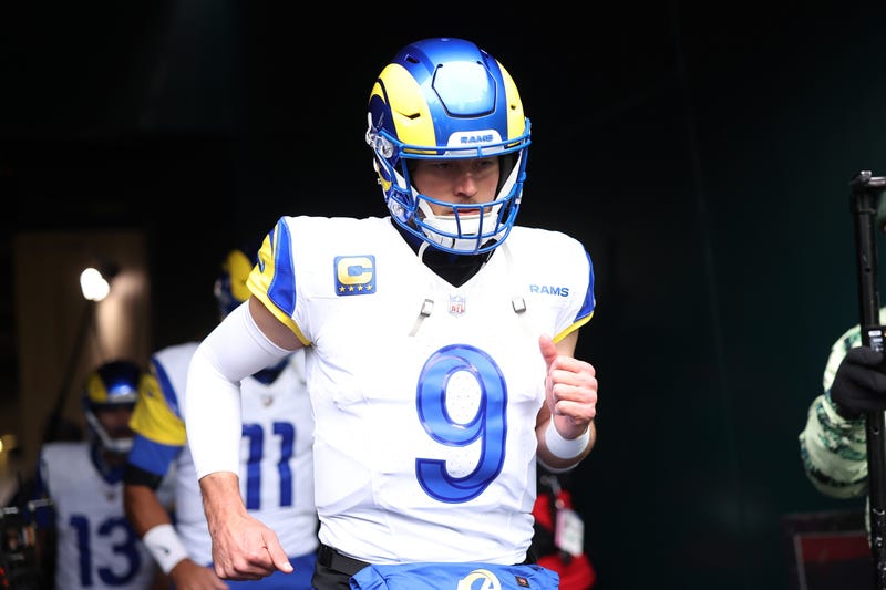 Jan 19, 2025; Philadelphia, Pennsylvania, USA; Los Angeles Rams quarterback Matthew Stafford (9) runs onto the field prior to the game against the Philadelphia Eagles in a 2025 NFC divisional round game at Lincoln Financial Field. 