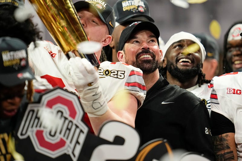 Ohio State Buckeyes head coach Ryan Day celebrates during the trophy ceremony following the 34-23 win over the Notre Dame Fighting Irish to win the College Football Playoff National Championship at Mercedes-Benz Stadium in Atlanta on Jan. 21, 2025.