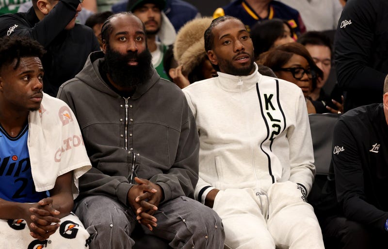 LA Clippers guard James Harden (left) and forward Kawhi Leonard (right) during the second quarter against the Boston Celtics at Intuit Dome.