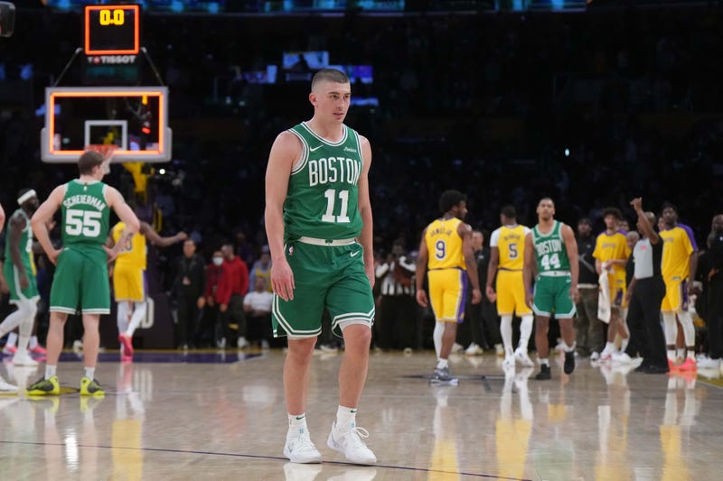 Boston Celtics guard Payton Pritchard (11) leaves the court after the game against the Los Angeles Lakers at the Crypto.com Arena.