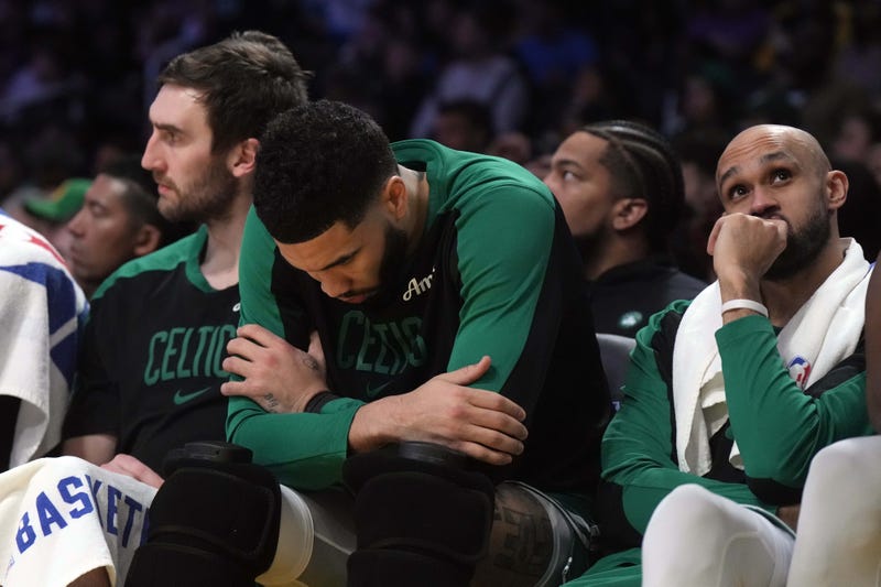 Boston Celtics forward Jayson Tatum (0) reacts in the second half against the Los Angeles Lakers at the Crypto.com Arena.