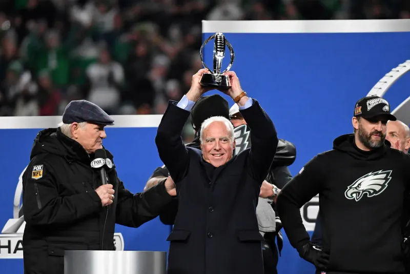 Philadelphia Eagles owner Jeffrey Lurie celebrates after winning the NFC championship game against the Washington Commanders at Lincoln Financial Field on Jan. 26, 2025.