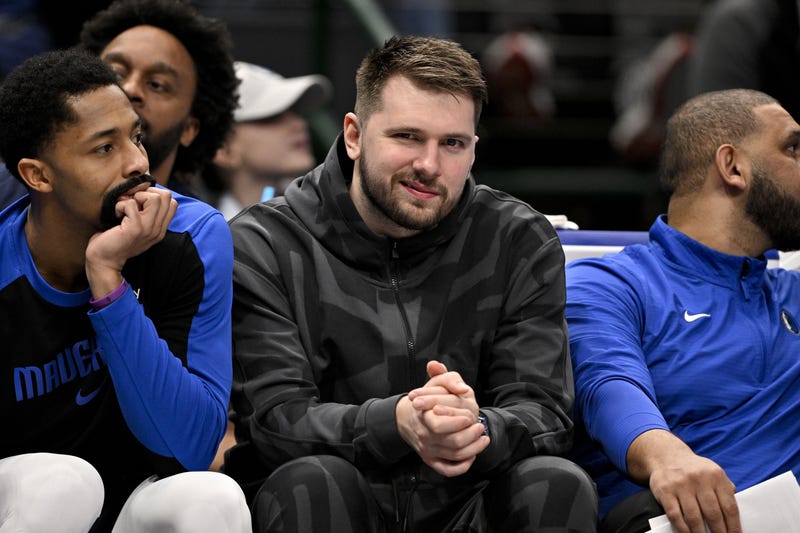 Jan 27, 2025; Dallas, Texas, USA; Dallas Mavericks guard Luka Doncic looks on from the team bench during the second quarter against the Washington Wizards at the American Airlines Center.