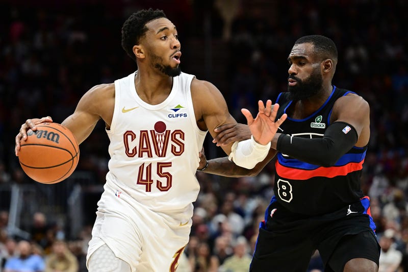 Cleveland Cavaliers guard Donovan Mitchell (45) drives to the basket against Detroit Pistons forward Tim Hardaway Jr. (8) during the second half at Rocket Mortgage FieldHouse.