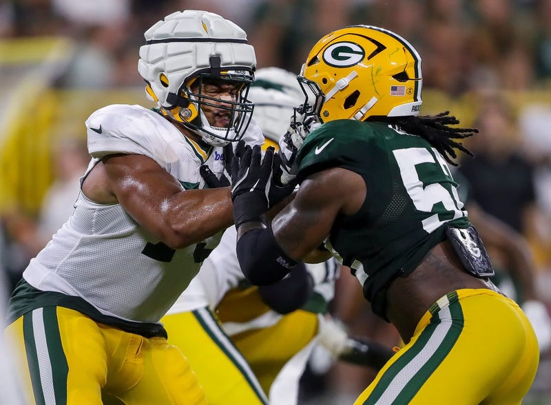 Green Bay Packers offensive lineman Andre Dillard (73) blocks defensive lineman Rashan Gary (52) during Family Night on Saturday, August 3, 2024, at Lambeau Field in Green Bay, Wis. Tork Mason/USA TODAY NETWORK-Wisconsin