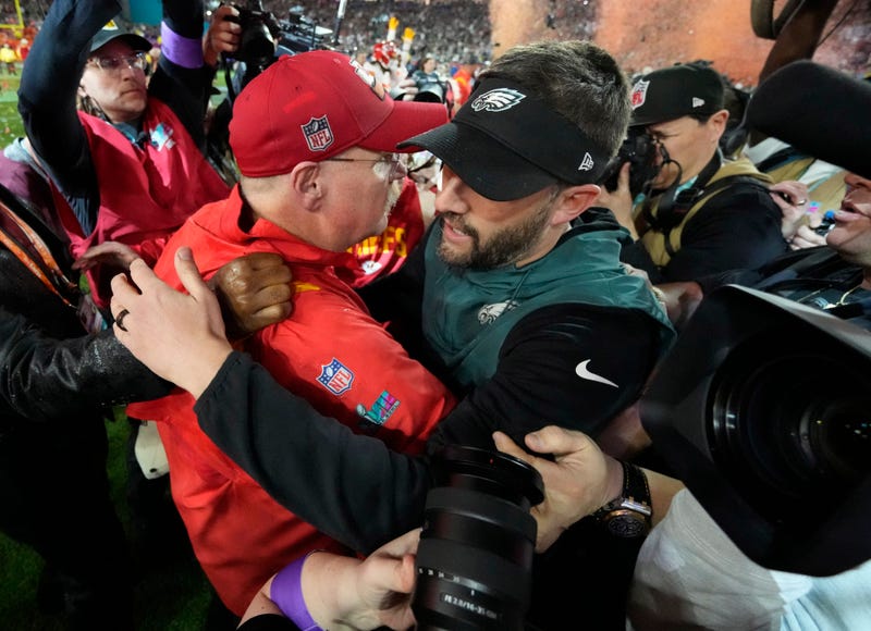 Kansas City Chiefs head coach Andy Reid and Philadelphia Eagles head coach Nick Sirianni greet each other after Super Bowl LVII at State Farm Stadium in 2023.
