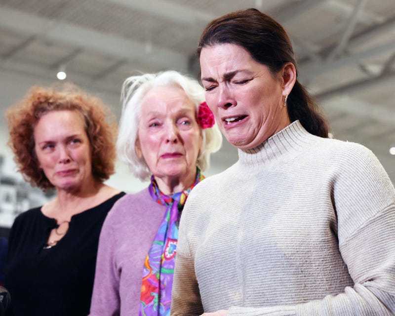 From left, Elin Schran, Tenley E. Albright and Nancy Kerrigan weep during a press conference at the Skating Club of Boston on Thursday, Jan. 30, 2025.