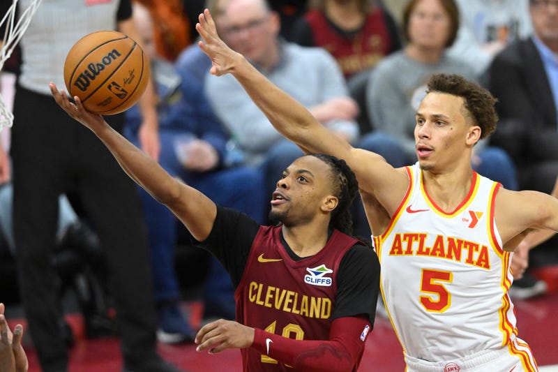 Cleveland Cavaliers guard Darius Garland (10) drives to the basket beside Atlanta Hawks guard Dyson Daniels (5) in the fourth quarter at Rocket Mortgage FieldHouse.