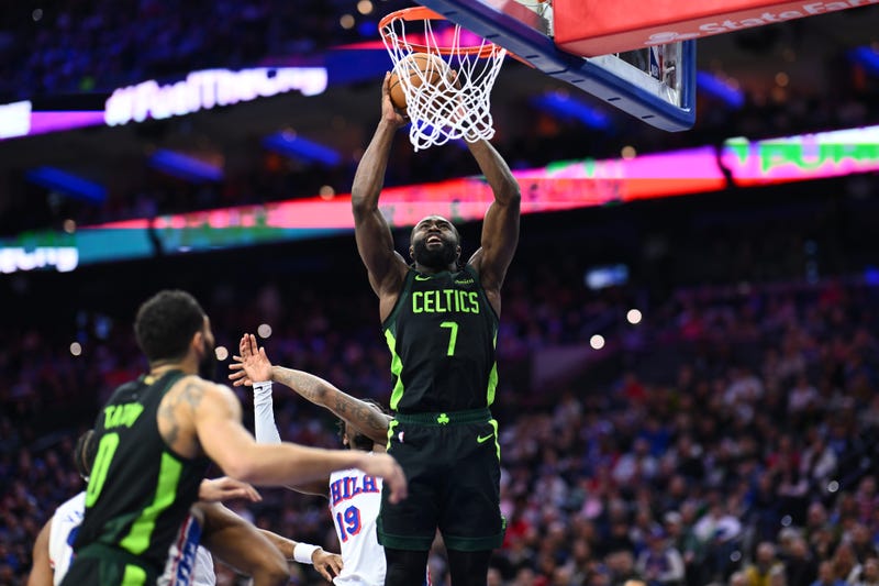 Boston Celtics forward Jaylen Brown (7) drives to shoot against the Philadelphia 76ers in the second quarter at Wells Fargo Center.